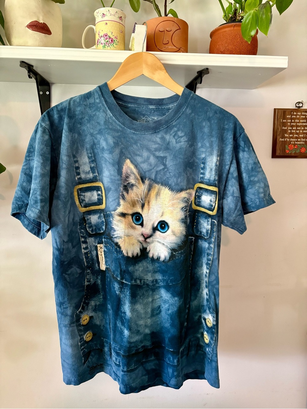 The Mountain Blue Kitten Pocket Tee - Overalls Print